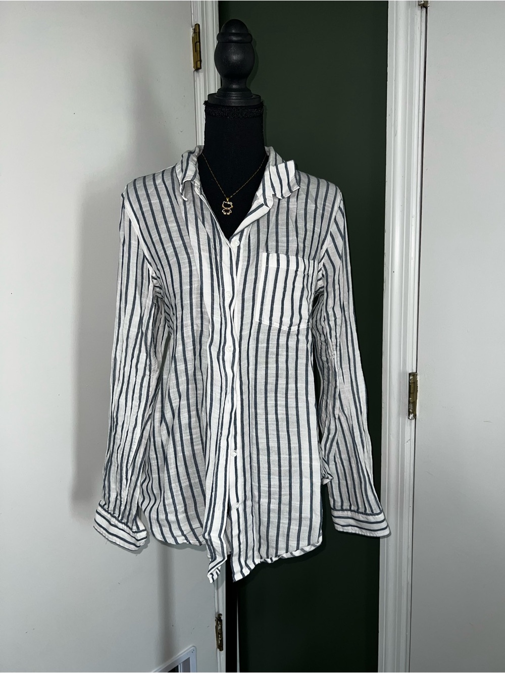 Women's White and Blue Striped Button-Up Shirt
